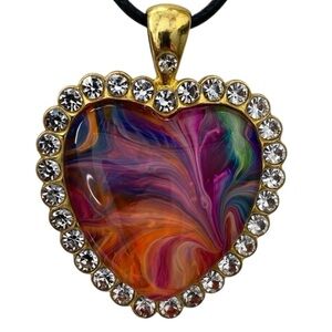 Handmade Heart Fluid Art Pendant Necklace Gold Tone Crystal Frame Jewelry